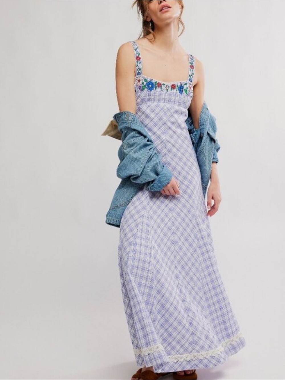 Free People Havenwood Maxi Dress Blue White Embroidered Boho Size Medium NWT